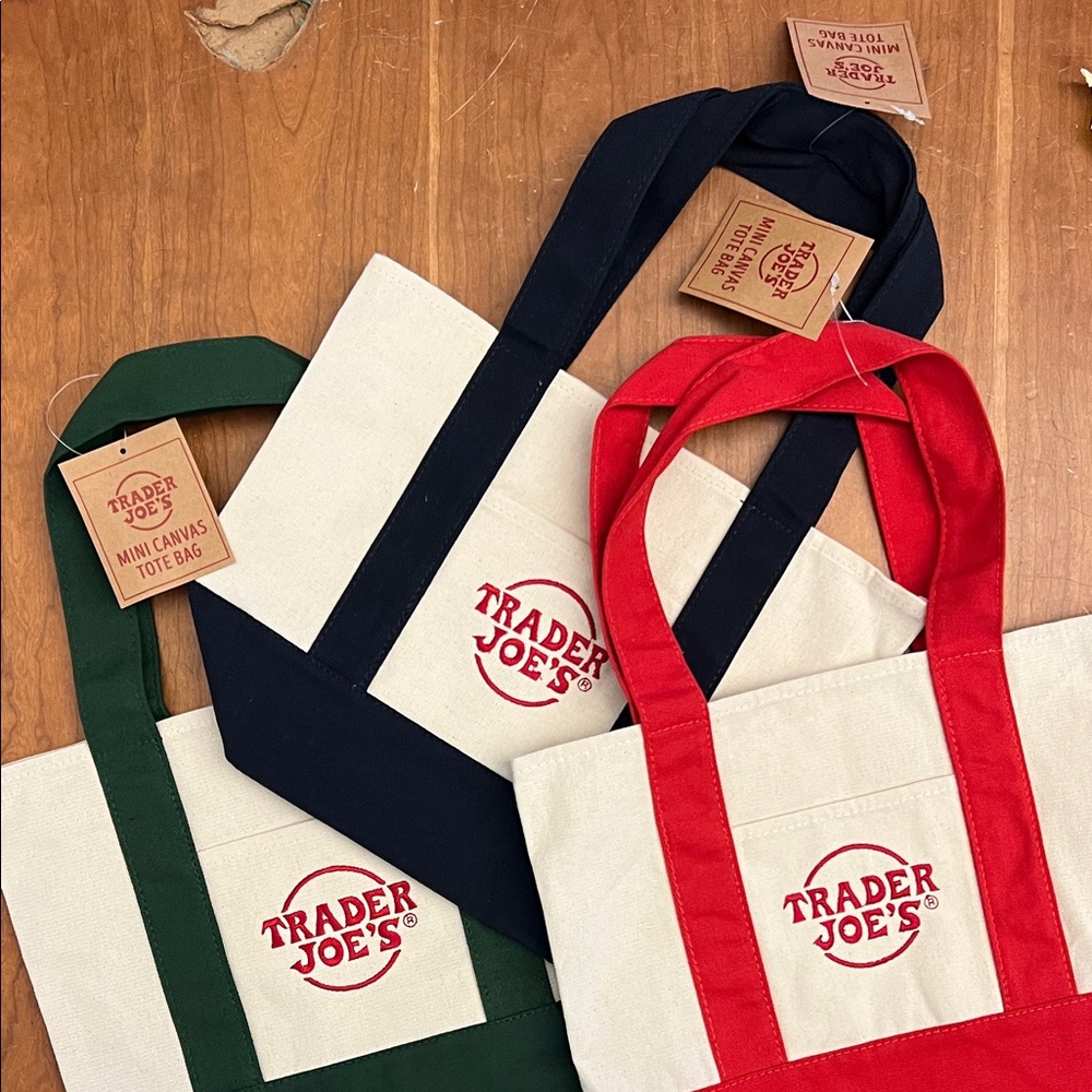 NWT Trader Joe's Mini Canvas Tote Bags - Red, Green, and Navy
